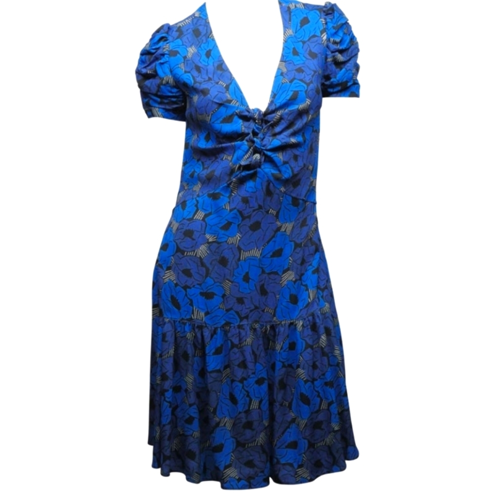 NWT YVES SAINT LAURENT Resort 2012 YSL Tie Front Blue floral Print Crepe dress